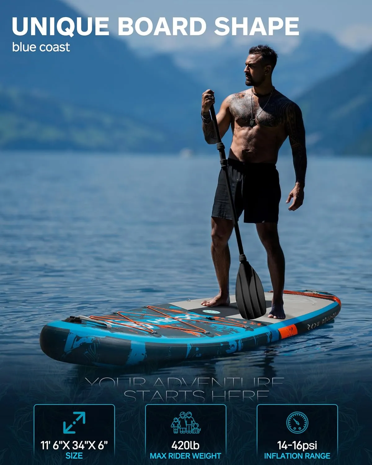 11'6''34"6" Extra Wide Inflatable Paddle Board, Stand Up Paddle Board, Sup Board with 3 Removable Fins, 10L Waterproof Bag, 16 D-Rings, Backpack, Hand Pump, Floating Paddle, Safety Leash