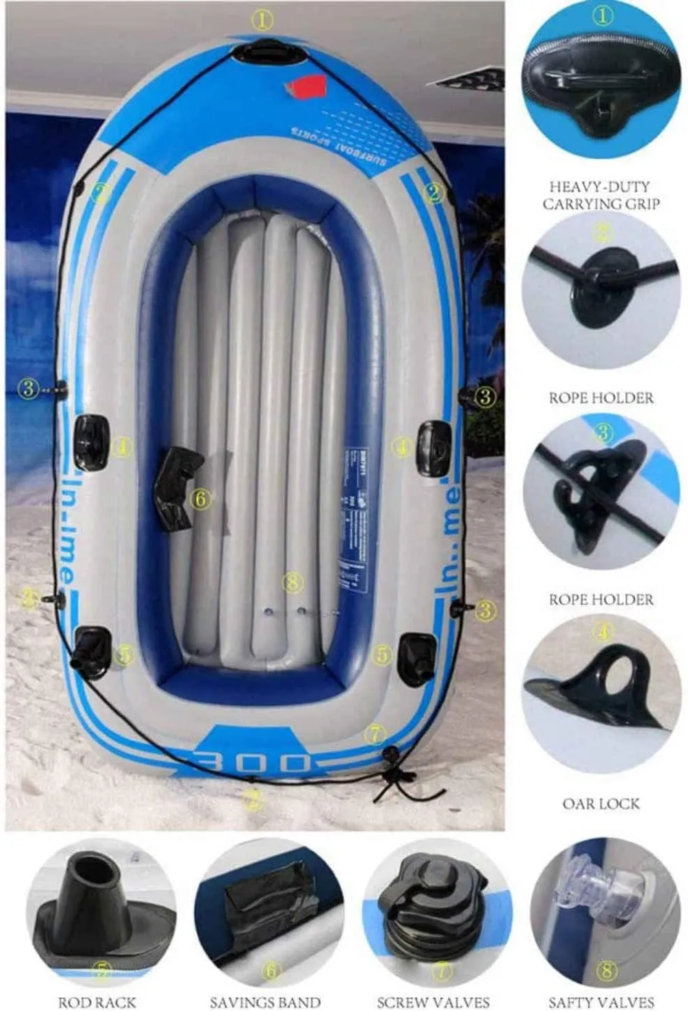 4 Person Inflatable Kayak, Inflatable Boat Set, Portable Folding Rubber Explorer Boat, Canoe Stable and Comfortable Fishing,Blue