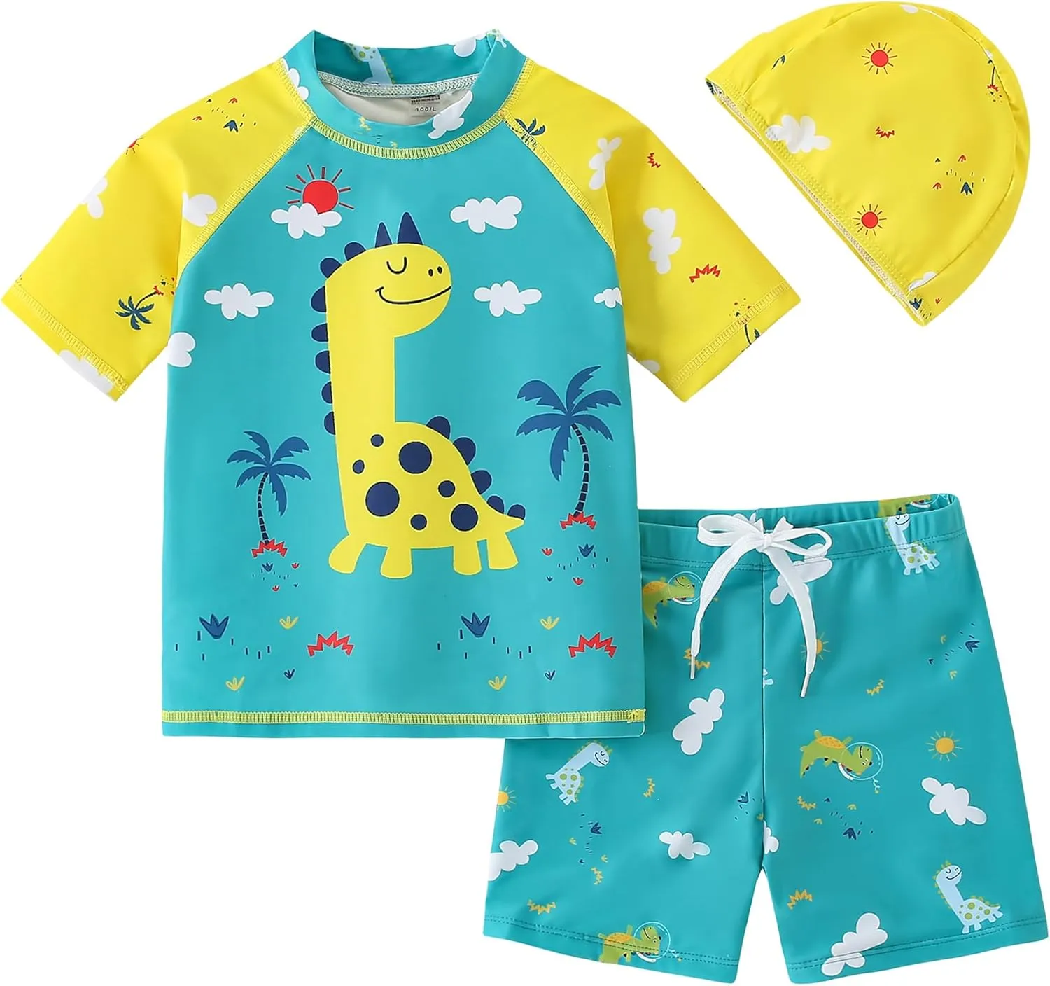 AIWUHE Toddler Boys Swimsuit Set Rash Guard Boys' Swimwear Two Piece Bathing Suit and Swim Trunk with Hat UPF 50  3-8Y