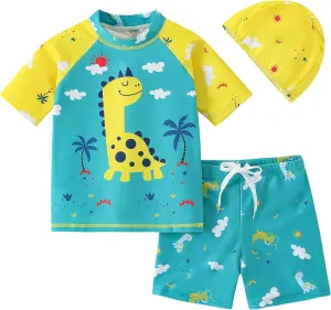 AIWUHE Toddler Boys Swimsuit Set Rash Guard Boys' Swimwear Two Piece Bathing Suit and Swim Trunk with Hat UPF 50  3-8Y