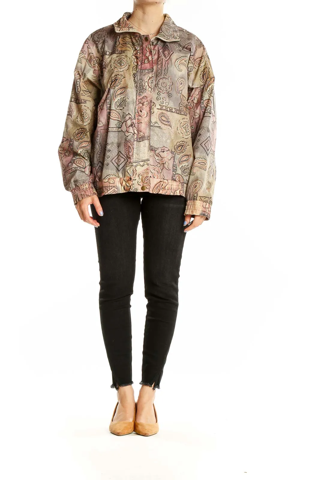 Beige Floral Paisley Nylon Jacket