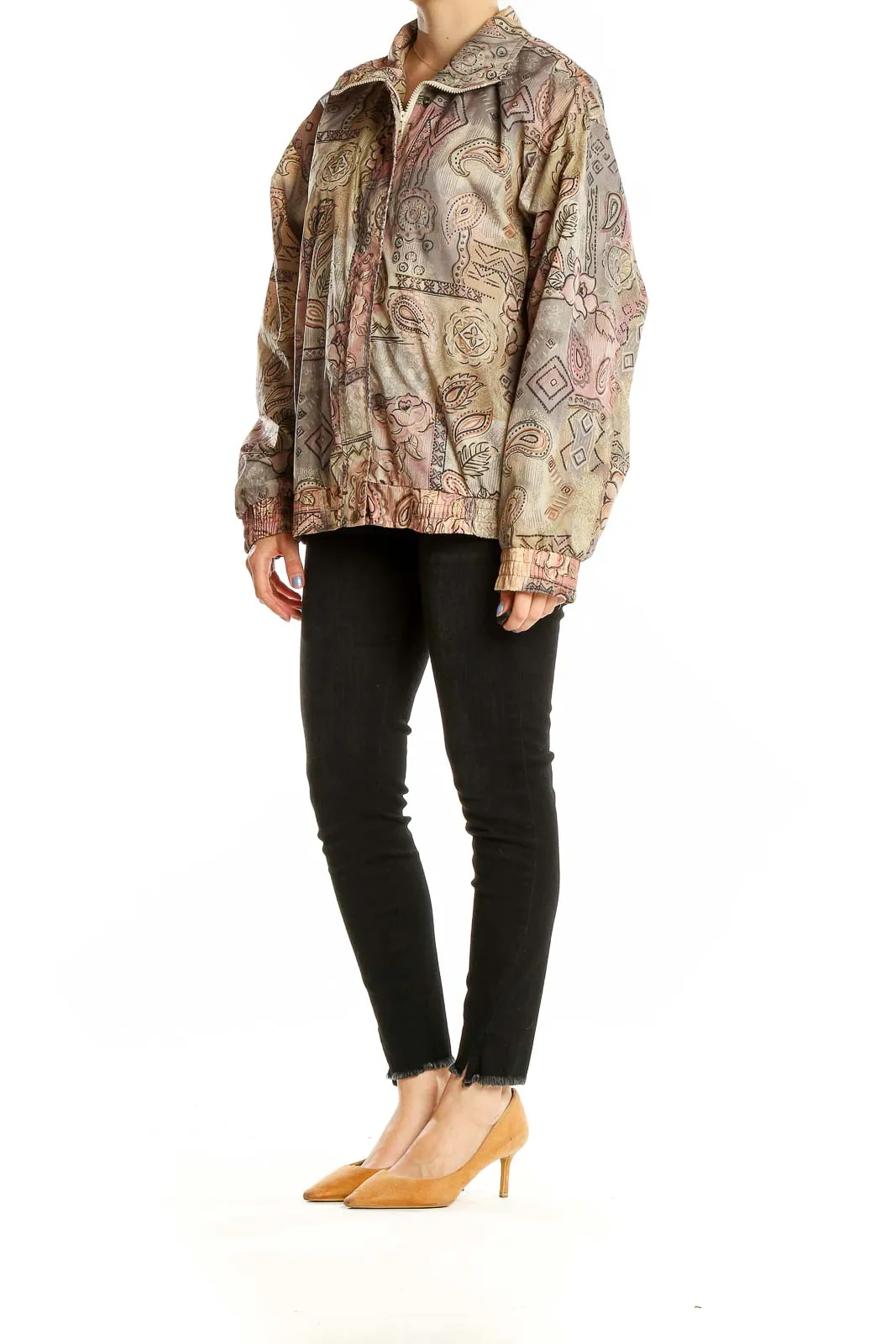 Beige Floral Paisley Nylon Jacket