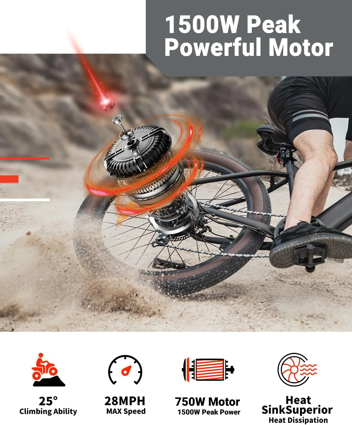 C26 Electric Bike for Adults, Ebike 1000W Peak, 60 Miles, 48V 15Ah Removable Battery, 7-Speed, 26''3" Fat Tire E-Bike, UL Certified