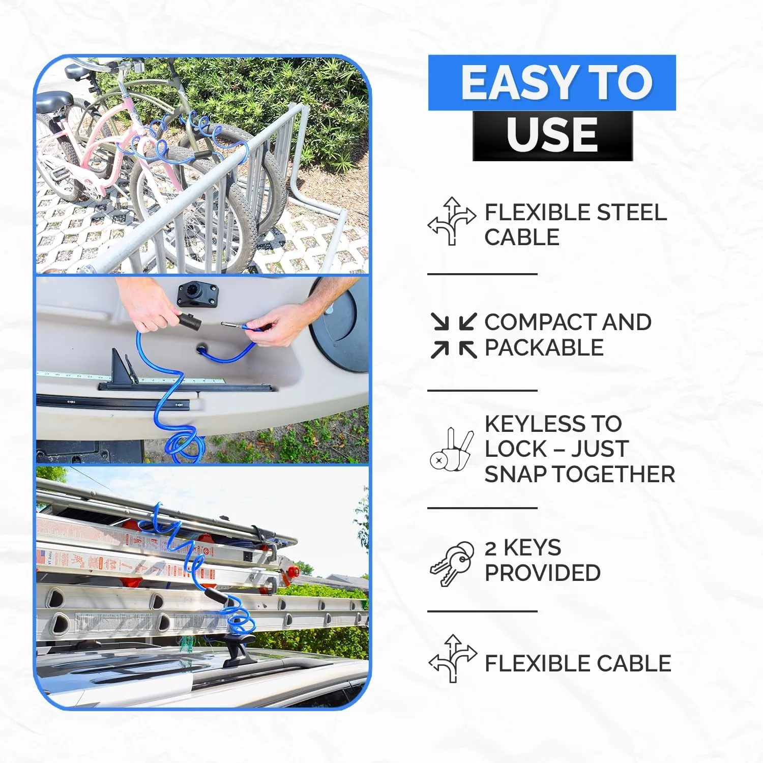 Coiled Security Cable with Key Lock (5, 10, 15, 20 or 25 Lengths), Weatherproof Multi-Purpose Anti-Theft Protection for Kayaks, Bikes, Paddleboards, Scooters, Equipment and More 15ft