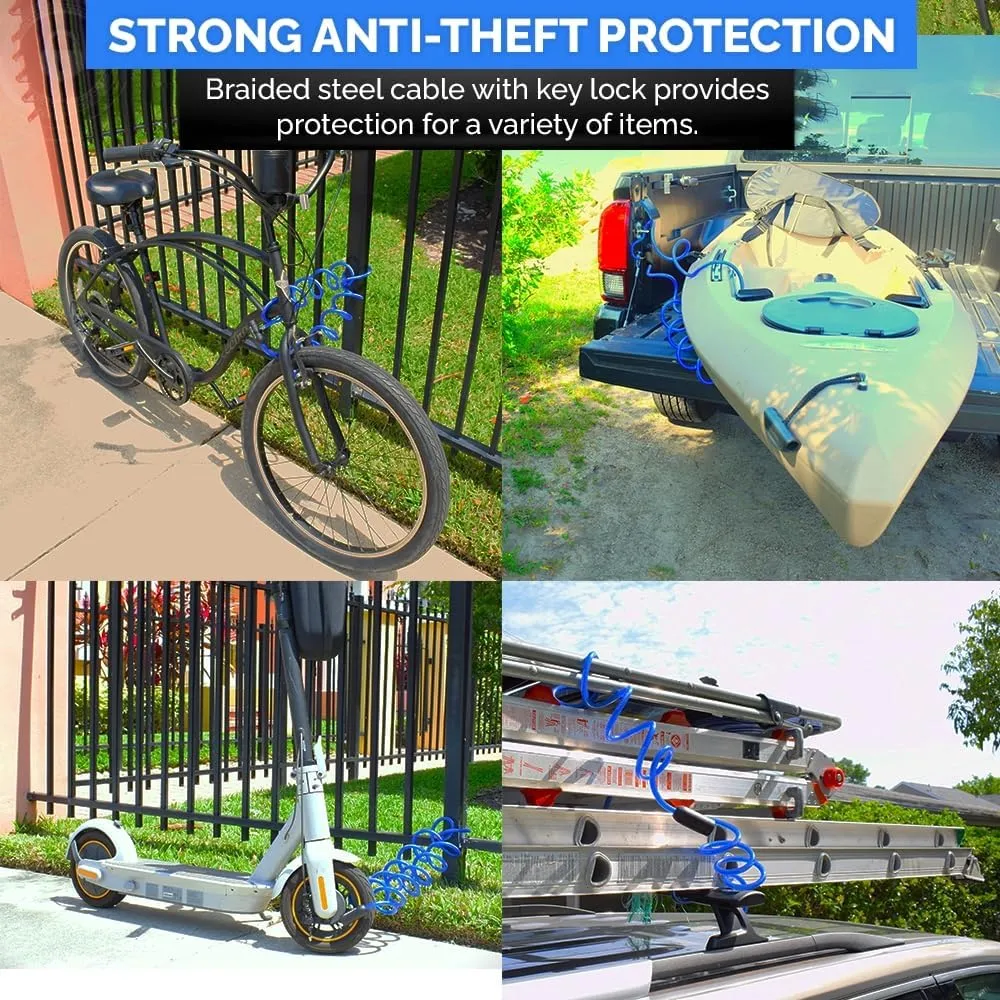 Coiled Security Cable with Key Lock (5, 10, 15, 20 or 25 Lengths), Weatherproof Multi-Purpose Anti-Theft Protection for Kayaks, Bikes, Paddleboards, Scooters, Equipment and More 15ft