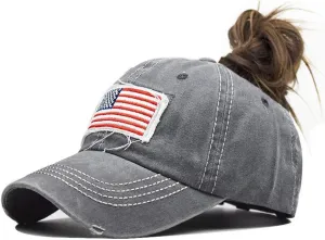 Distressed Ponytail Hat for Women American-Flag Pony Tail Caps High Bun