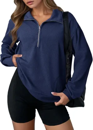 Dokotoo Womens Sweatshirt Waffle Knit Long Sleeve Lapel Half Zip Casual Sweatshits Loose Pullover Tops