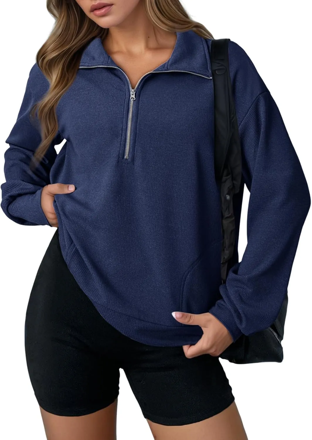 Dokotoo Womens Sweatshirt Waffle Knit Long Sleeve Lapel Half Zip Casual Sweatshits Loose Pullover Tops
