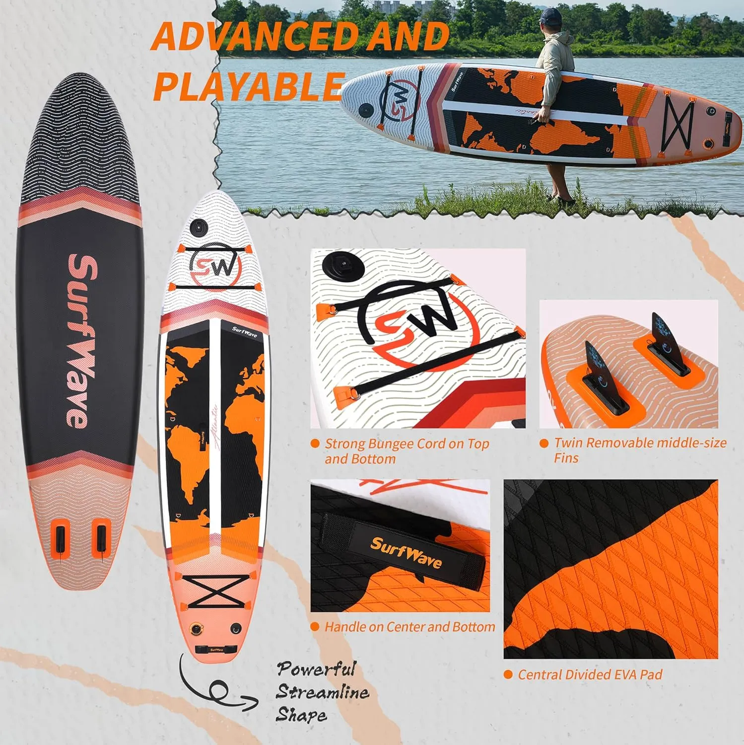 Inflatable Stand Up Paddle Boards, 11336 SUP Board, Lightweight & Durable PVC Material, Anti-Slip EVA Deck, Includes Paddle, Pump, Waterproof Bag with Wheels