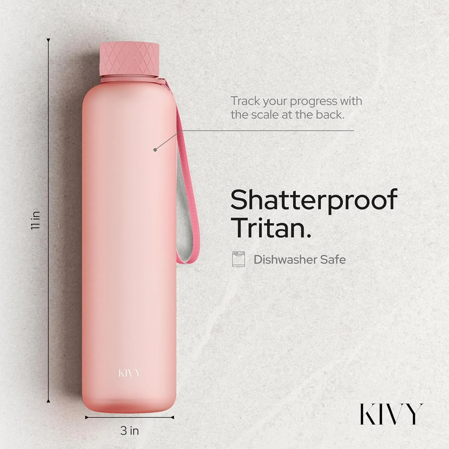 KIVY Slim Water Bottle 32oz [Lightweight & Shatterproof] Fits Backpack & Cupholder for Travel, Sports, School, Gym - Rose gold, Pink bottle no straw - Gym water bottle for women - Dishwasher Safe