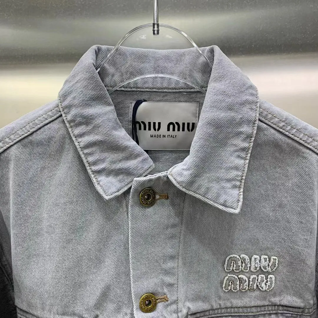 Light-colored denim jacket and rhinestone A-line skirt suit