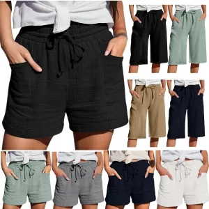 Linen Shorts for Women Drawstring High Waisted Plus Size Shorts Summer Vacation Loose Beach Pants with Pockets