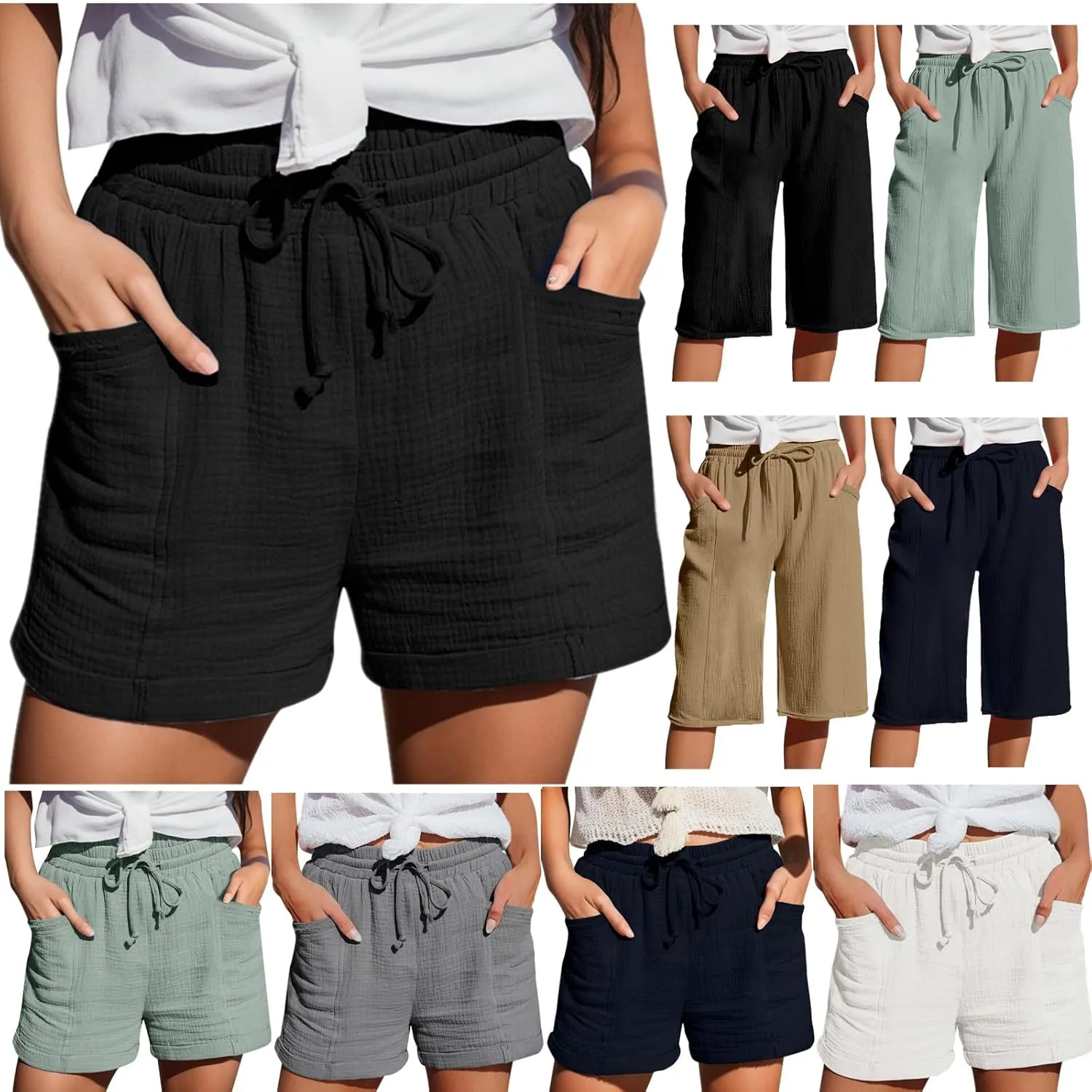 Linen Shorts for Women Drawstring High Waisted Plus Size Shorts Summer Vacation Loose Beach Pants with Pockets