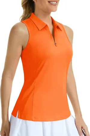 MAGCOMSEN Womens Golf Shirt Sleeveless Racerback Polo Shirts Zip Up UPF 50  Quick Dry Tennis Workout Athletic Tank Tops