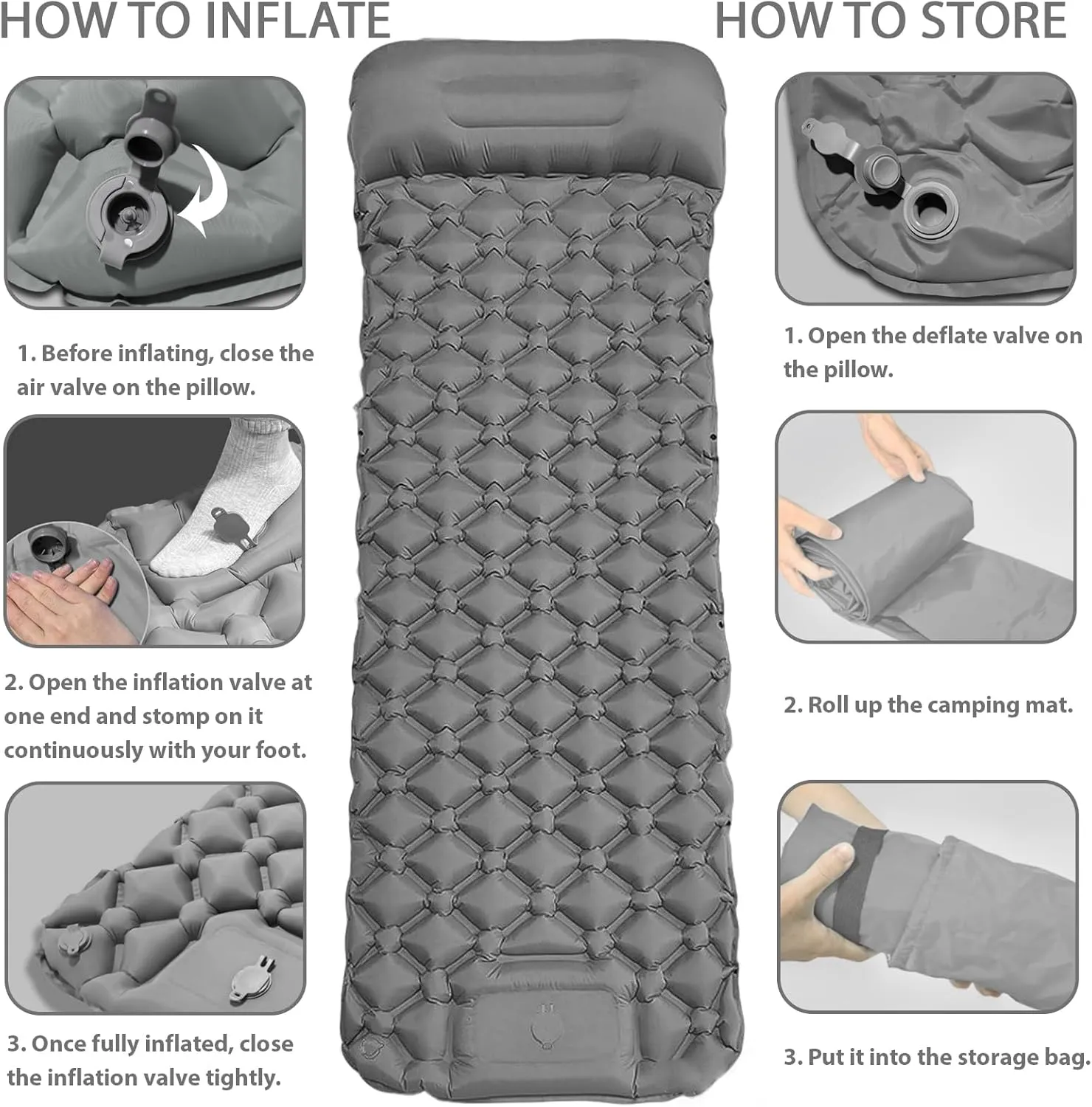 MEI&CO Lightweight Convertible Double Inflatable Camping Pad  2-in-1 Single Pads Built-in Pillow  Quick Inflate Foot Pump, 660lb Capacity  Perfect for Couples & Family Adventures (2, Gray)