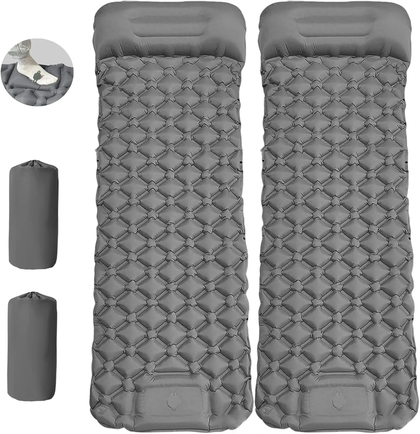 MEI&CO Lightweight Convertible Double Inflatable Camping Pad  2-in-1 Single Pads Built-in Pillow  Quick Inflate Foot Pump, 660lb Capacity  Perfect for Couples & Family Adventures (2, Gray)