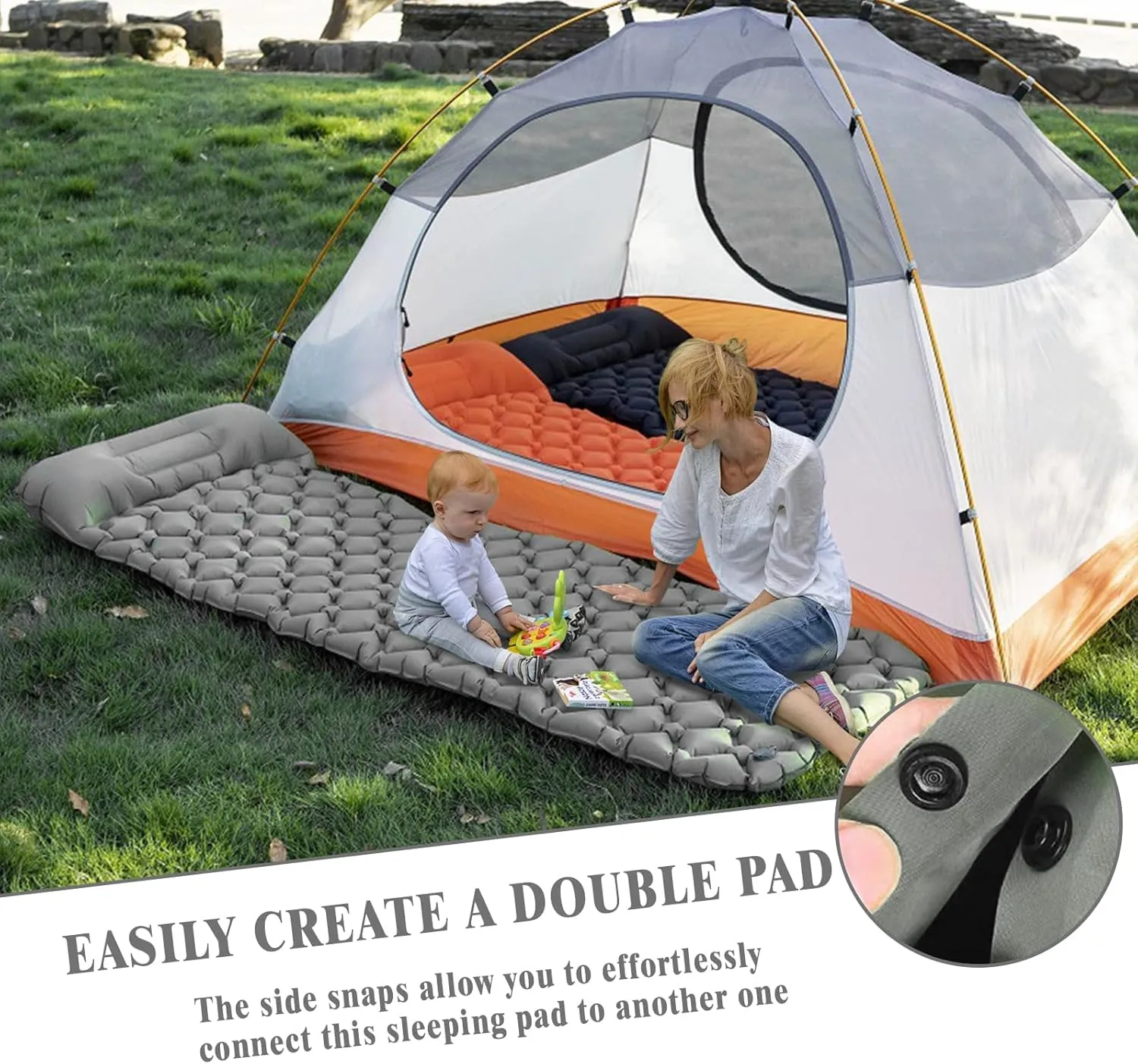 MEI&CO Lightweight Convertible Double Inflatable Camping Pad  2-in-1 Single Pads Built-in Pillow  Quick Inflate Foot Pump, 660lb Capacity  Perfect for Couples & Family Adventures (2, Gray)