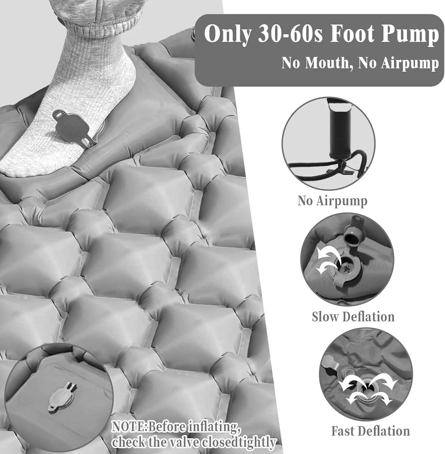 MEI&CO Lightweight Convertible Double Inflatable Camping Pad  2-in-1 Single Pads Built-in Pillow  Quick Inflate Foot Pump, 660lb Capacity  Perfect for Couples & Family Adventures (2, Gray)