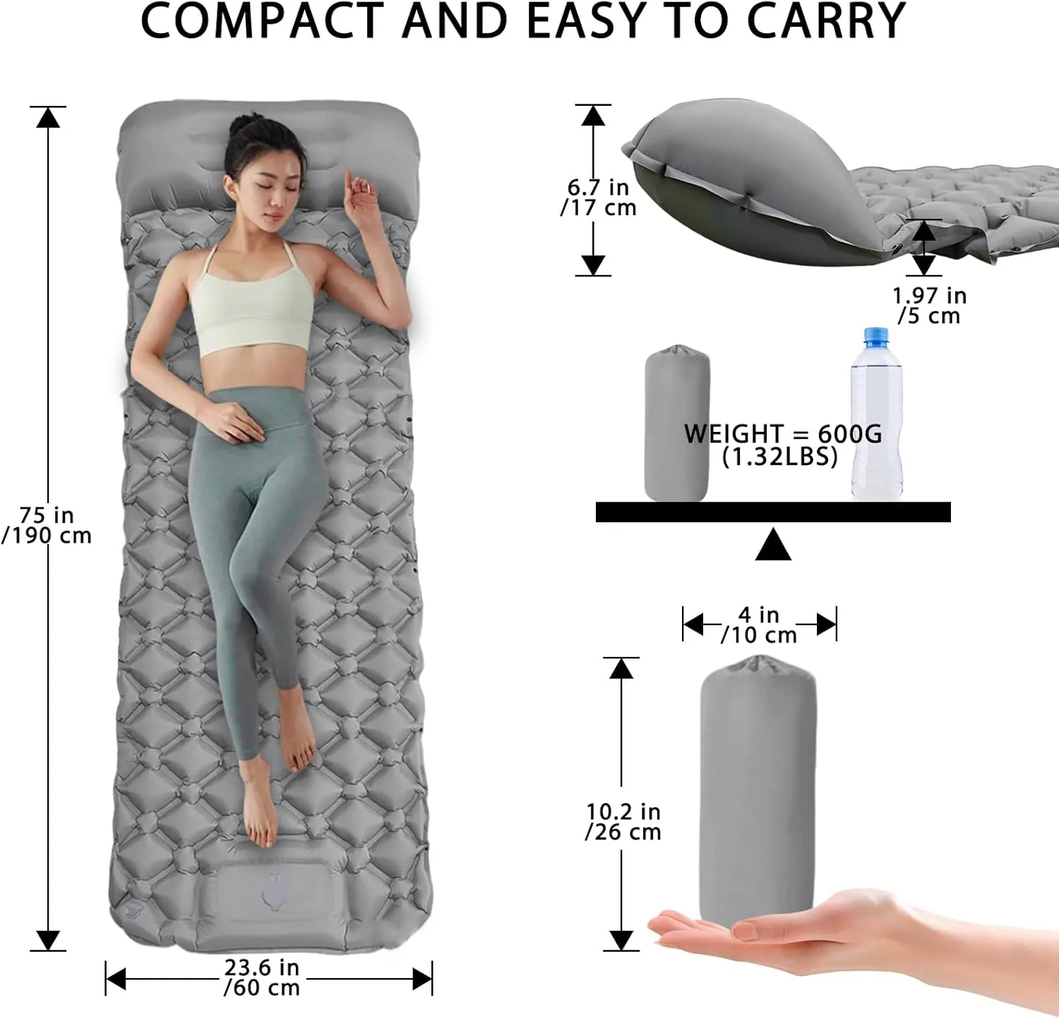 MEI&CO Lightweight Convertible Double Inflatable Camping Pad  2-in-1 Single Pads Built-in Pillow  Quick Inflate Foot Pump, 660lb Capacity  Perfect for Couples & Family Adventures (2, Gray)