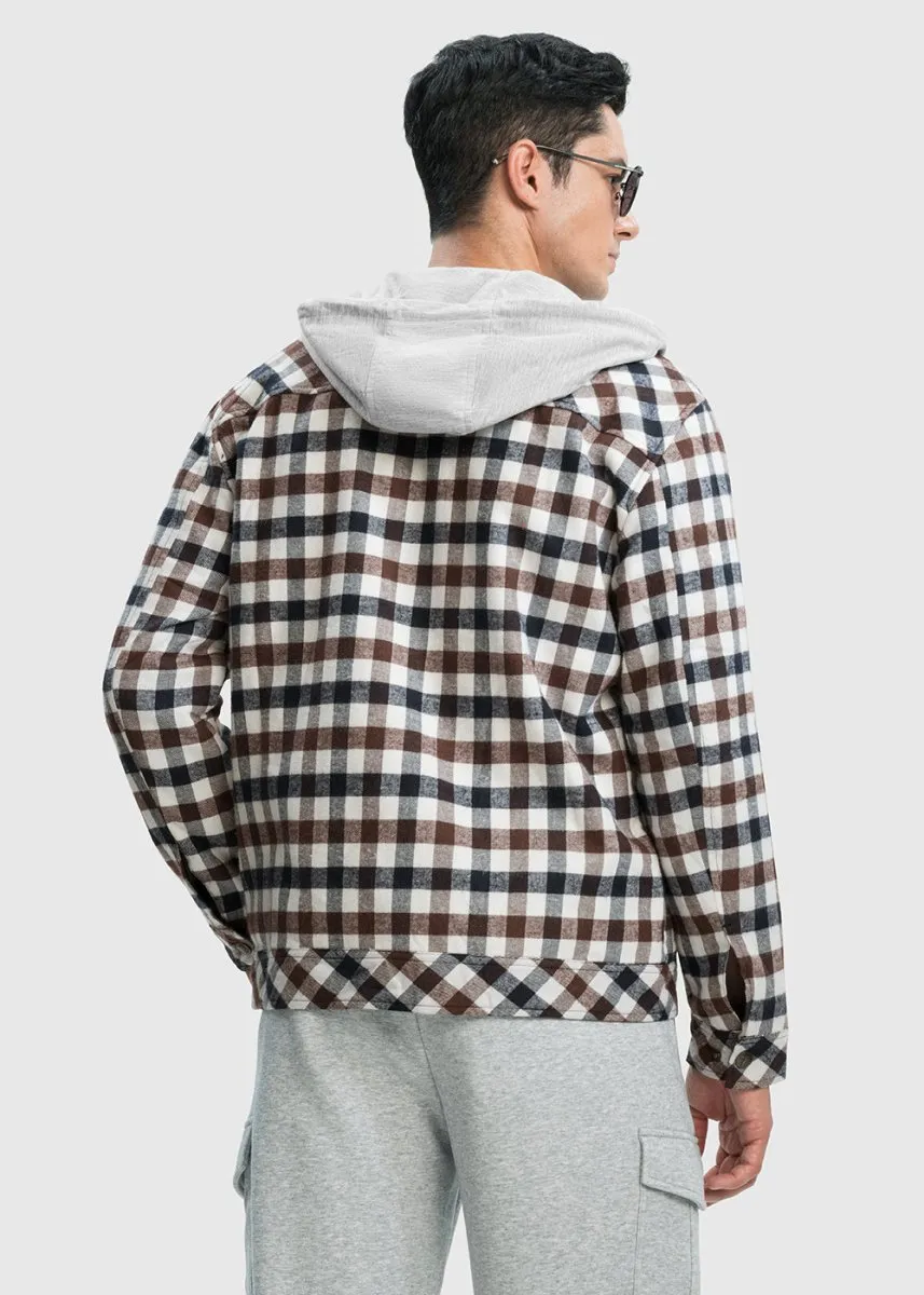 Men's Fleece Buffalo Plaid Button-Down Hooded Shirt