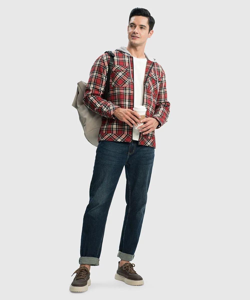 Men's Fleece Buffalo Plaid Button-Down Hooded Shirt