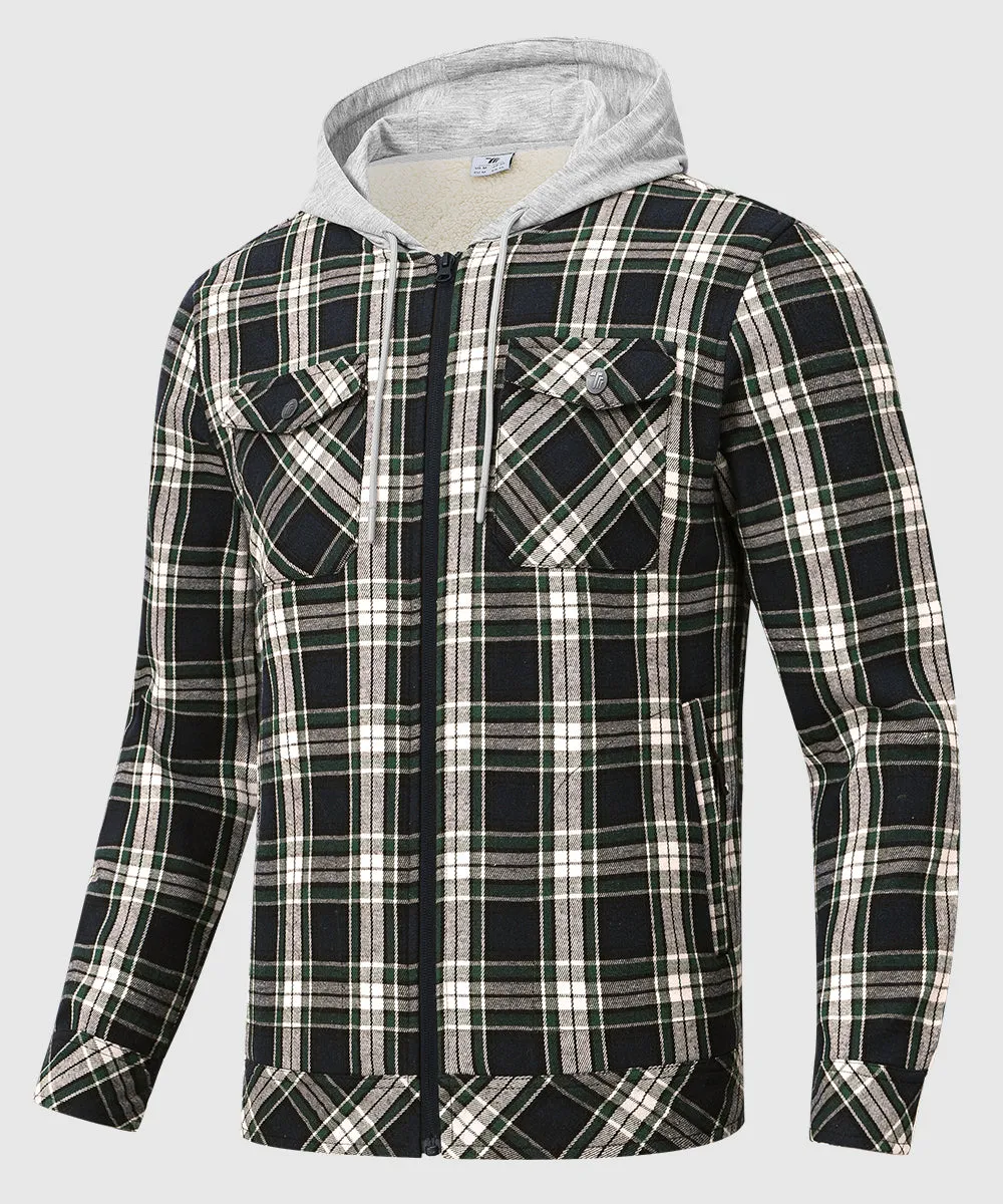 Men's Fleece Buffalo Plaid Button-Down Hooded Shirt