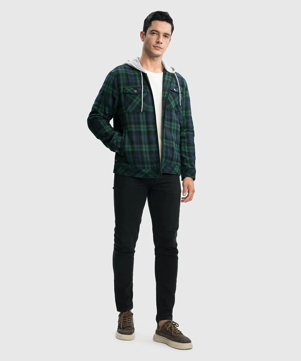 Men's Fleece Buffalo Plaid Button-Down Hooded Shirt