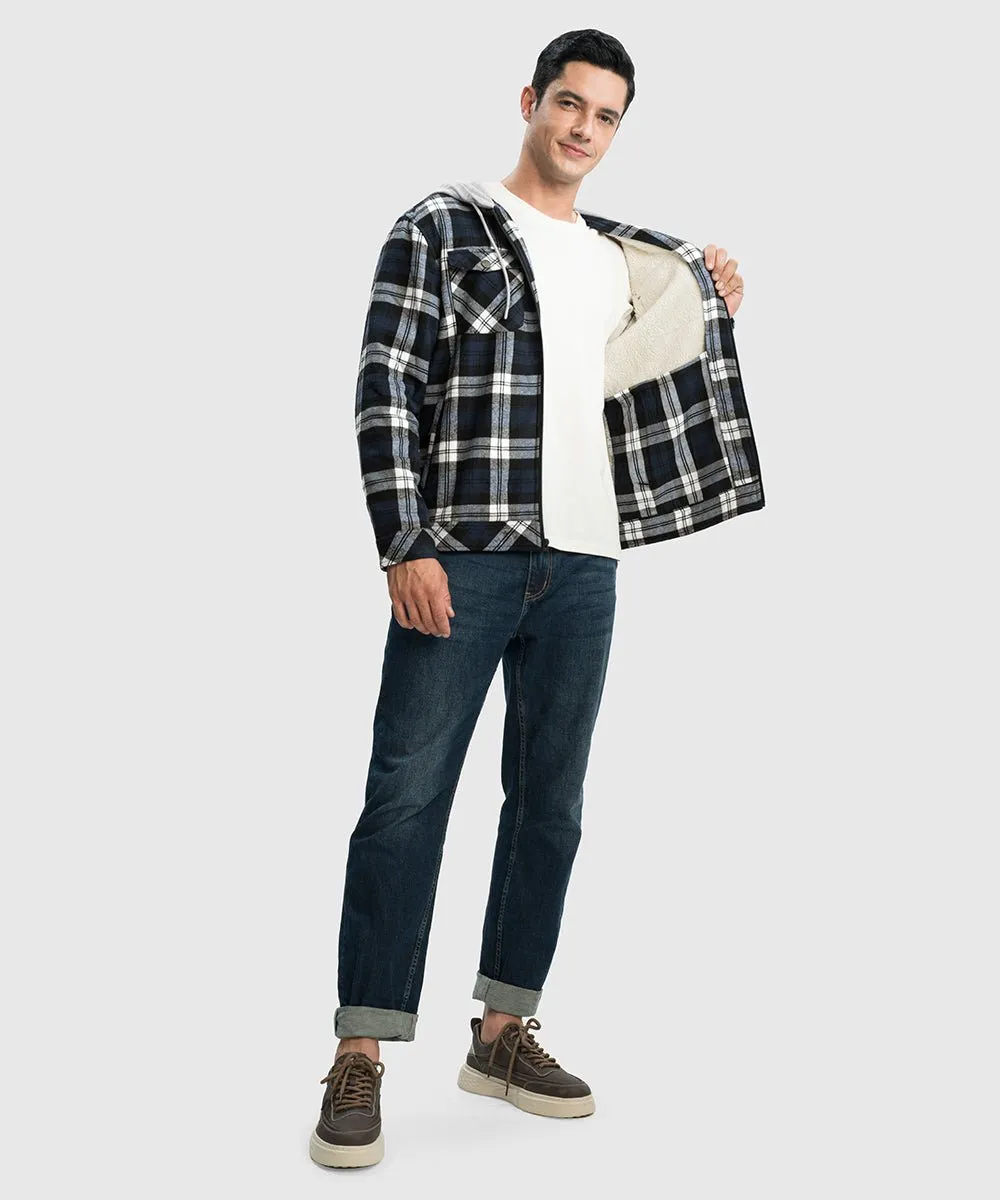 Men's Fleece Buffalo Plaid Button-Down Hooded Shirt