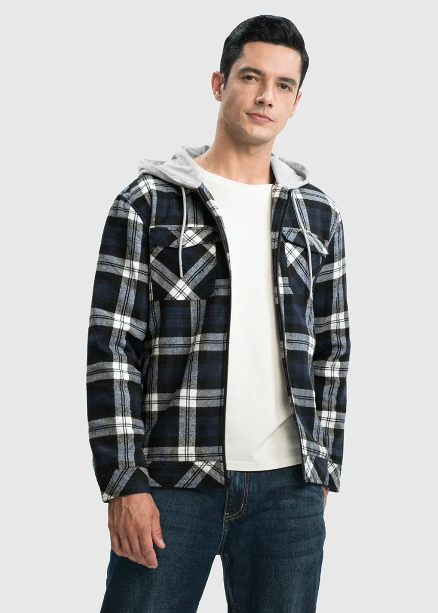 Men's Fleece Buffalo Plaid Button-Down Hooded Shirt
