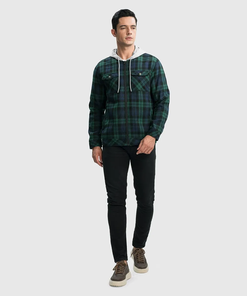 Men's Fleece Buffalo Plaid Button-Down Hooded Shirt