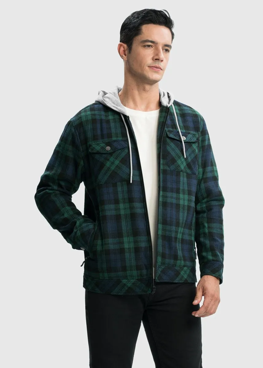 Men's Fleece Buffalo Plaid Button-Down Hooded Shirt