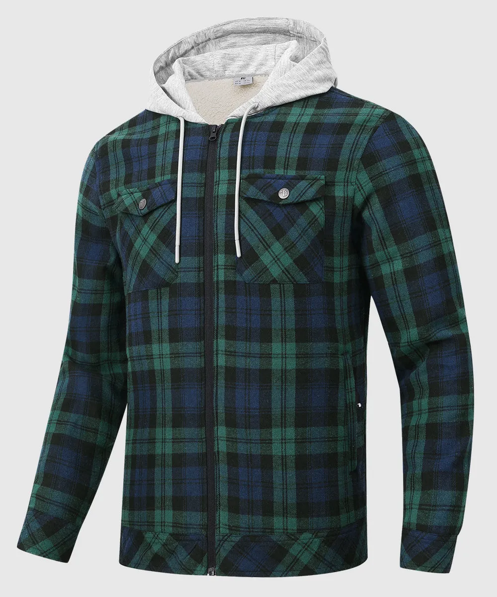 Men's Fleece Buffalo Plaid Button-Down Hooded Shirt