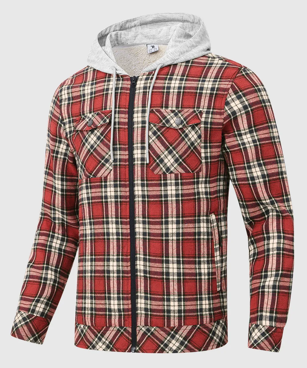 Men's Fleece Buffalo Plaid Button-Down Hooded Shirt