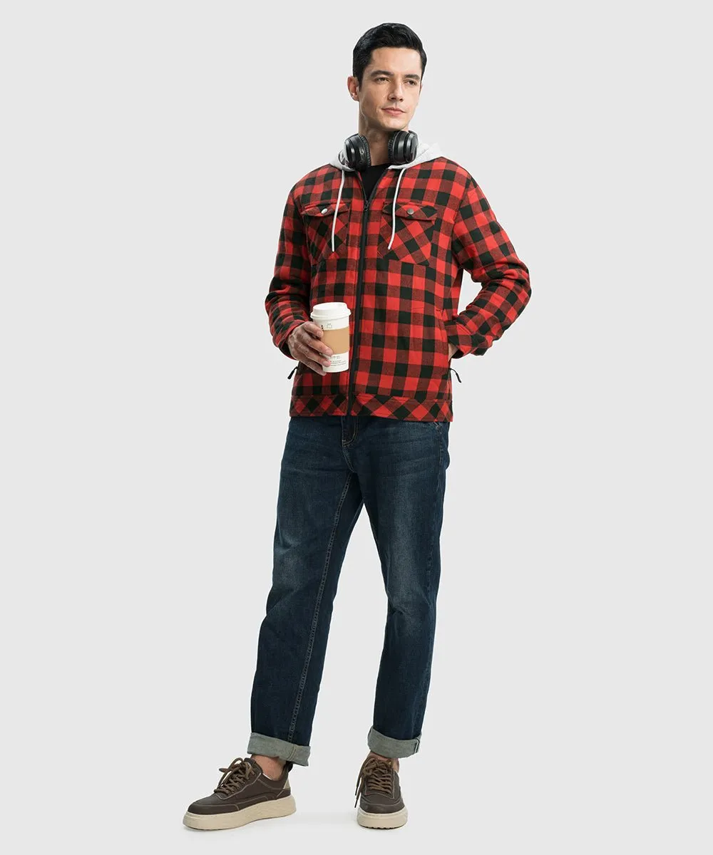 Men's Fleece Buffalo Plaid Button-Down Hooded Shirt