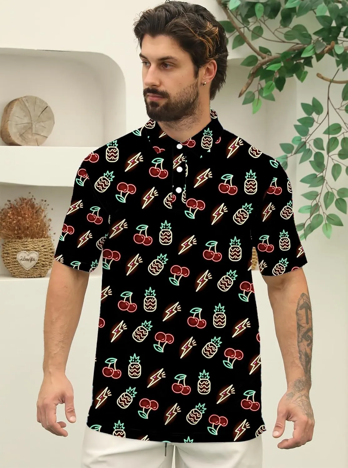 Mens Golf Polo Shirts Short Sleeve Printed Moisture Wicking Casual Shirt