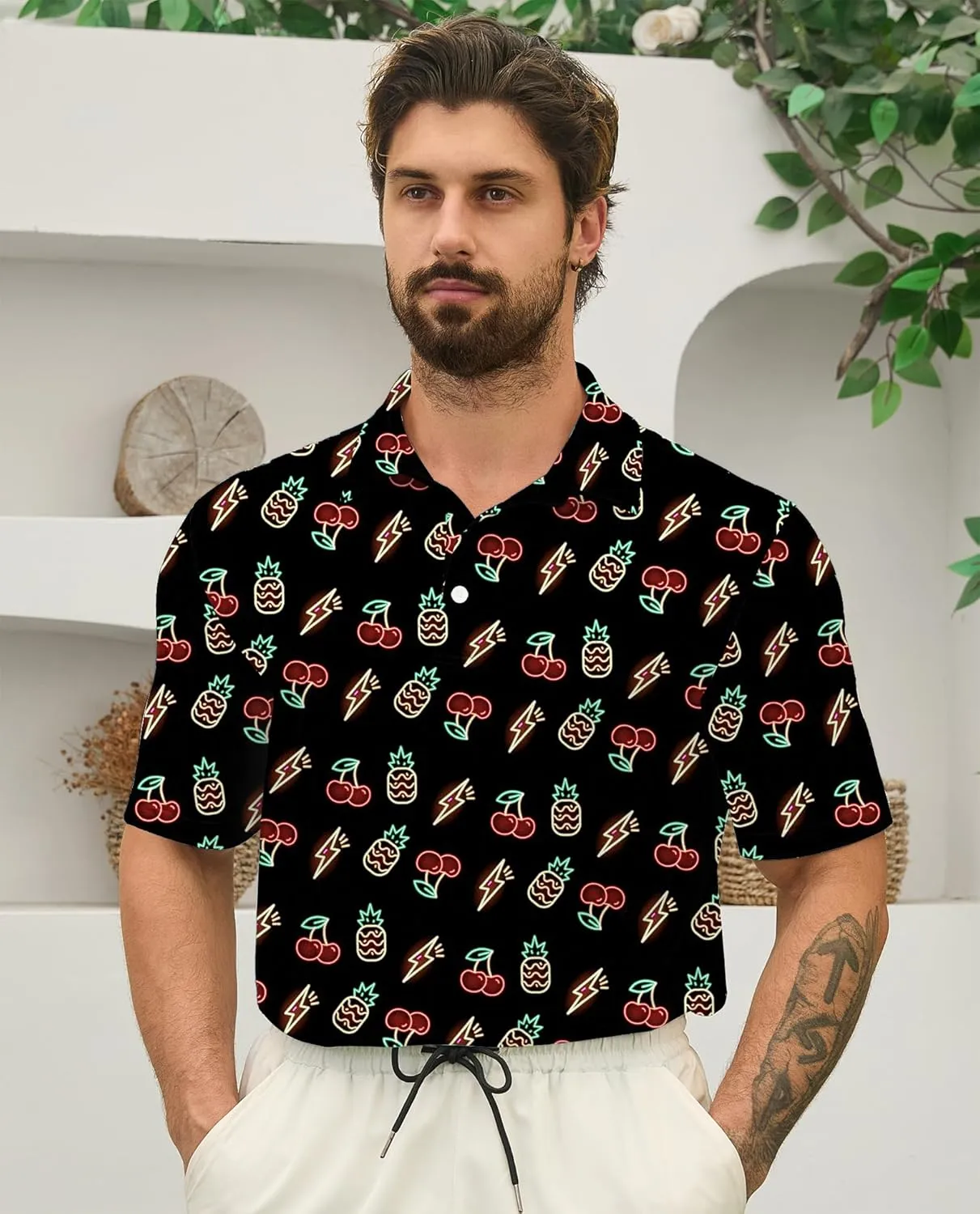 Mens Golf Polo Shirts Short Sleeve Printed Moisture Wicking Casual Shirt