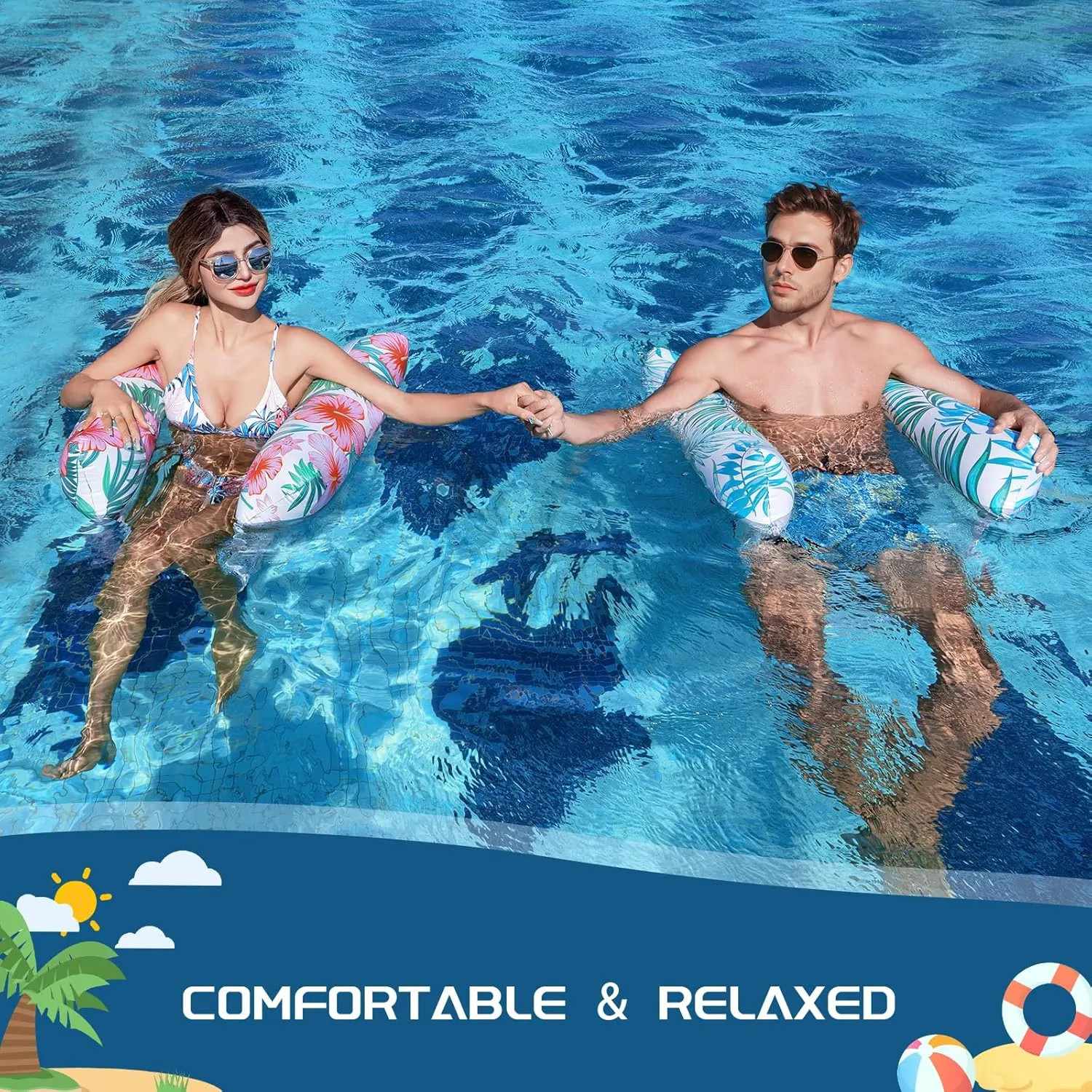 Pool Floats Adult, 2 Pack Inflatable Pool Floats, 4-in-1 Multi-Purpose Rafts Lounger Water Hammock for Swimming Pool, Thick PVC Pool Floaties for Adults Vacation