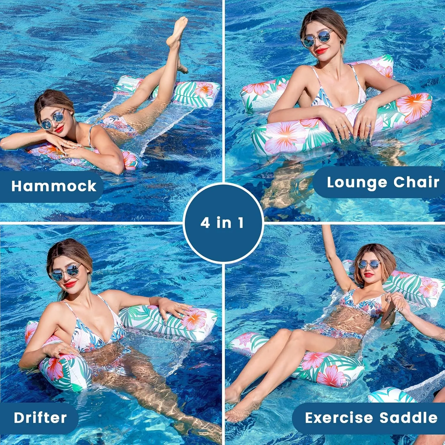 Pool Floats Adult, 2 Pack Inflatable Pool Floats, 4-in-1 Multi-Purpose Rafts Lounger Water Hammock for Swimming Pool, Thick PVC Pool Floaties for Adults Vacation
