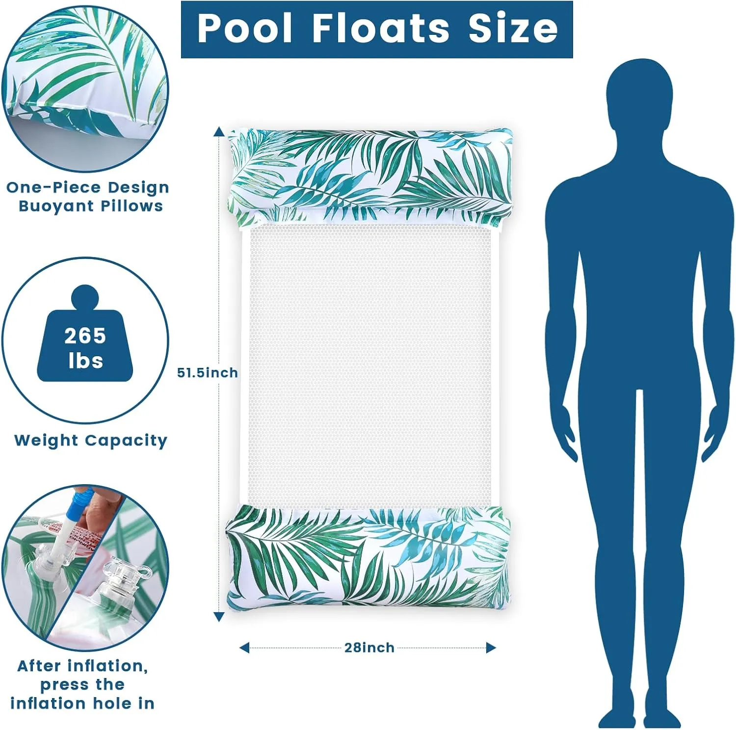 Pool Floats Adult, 2 Pack Inflatable Pool Floats, 4-in-1 Multi-Purpose Rafts Lounger Water Hammock for Swimming Pool, Thick PVC Pool Floaties for Adults Vacation