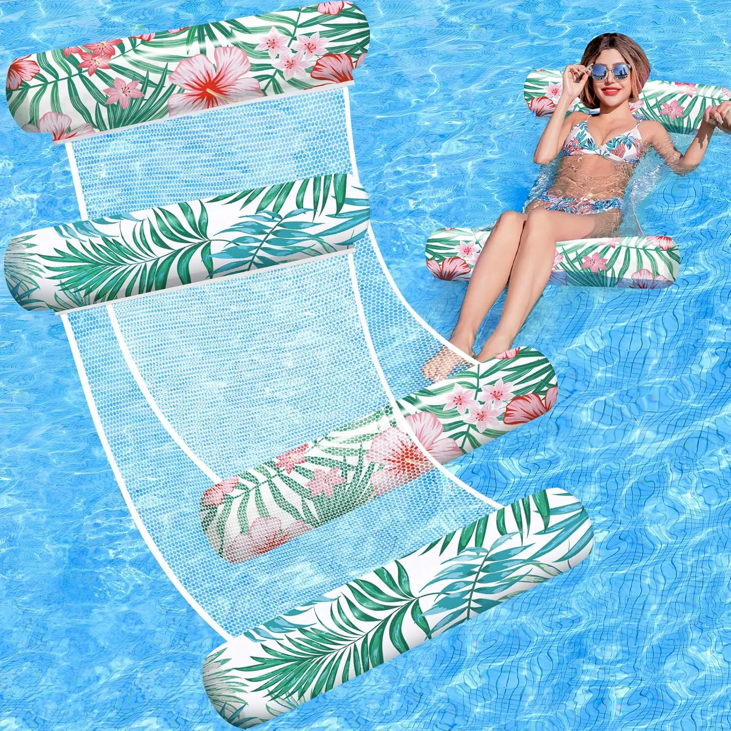 Pool Floats Adult, 2 Pack Inflatable Pool Floats, 4-in-1 Multi-Purpose Rafts Lounger Water Hammock for Swimming Pool, Thick PVC Pool Floaties for Adults Vacation