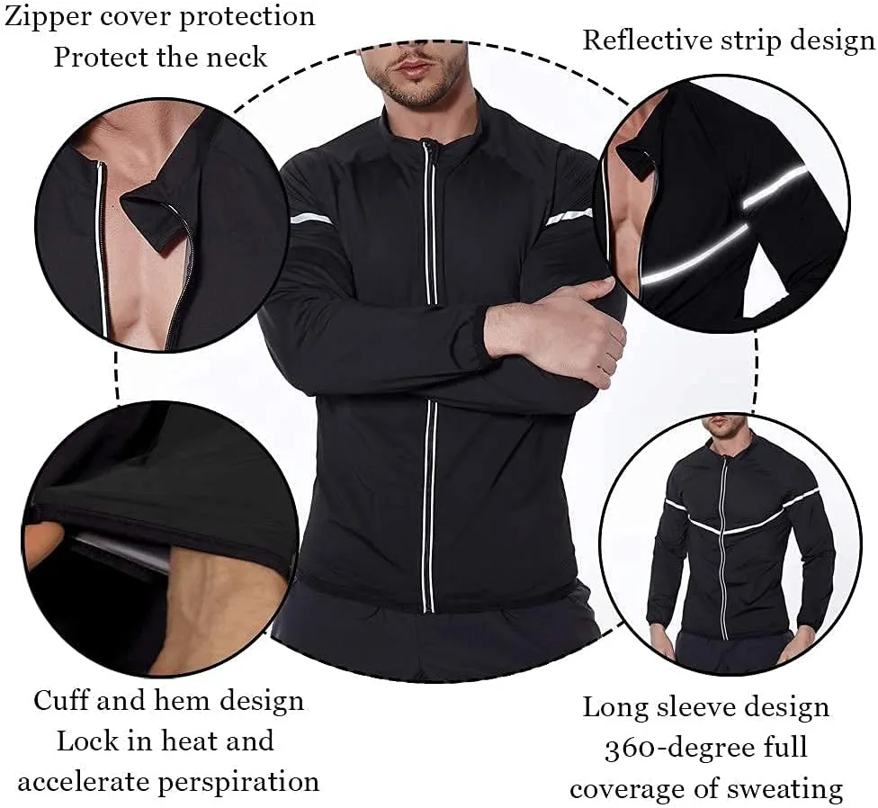 Sauna Suit for Men Sweat - Long Sleeve Shirt Jacket Workout Body Shaper Zipper Top Slimming Fitness Trainer Gym