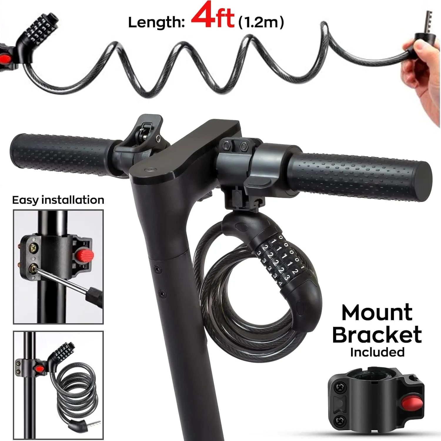SEWAY Scooter Lock Cable for Xiaomi Mijia M365 ES Series, Bicycle Combination Locks Coiled Chain Lock Basic Self Coiling Core Steel Wire 4 ft. Long 1/3 inch Fit for M365/ES1/ES2/ES3/ES4