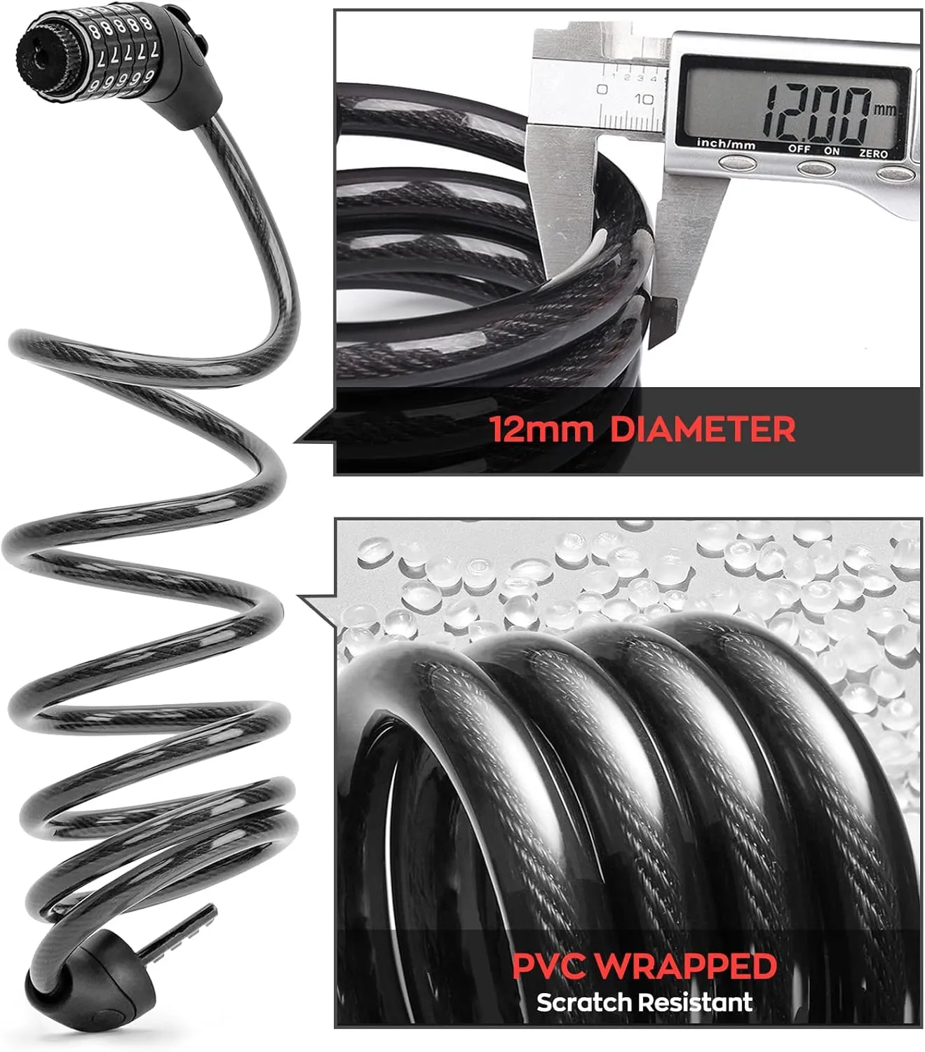SEWAY Scooter Lock Cable for Xiaomi Mijia M365 ES Series, Bicycle Combination Locks Coiled Chain Lock Basic Self Coiling Core Steel Wire 4 ft. Long 1/3 inch Fit for M365/ES1/ES2/ES3/ES4
