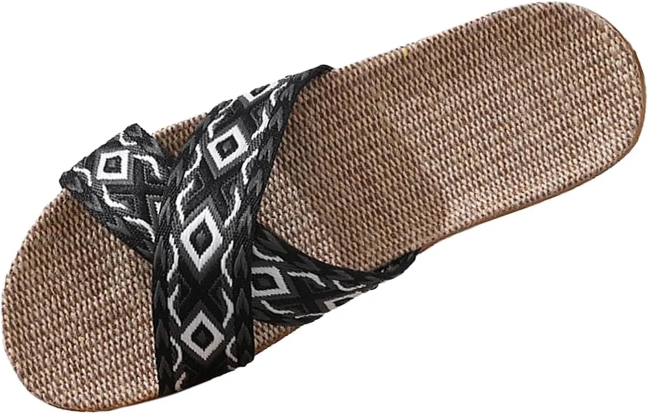 Unisex Linen Slippers Summer Skidproof Indoor Slippers Flax Men Women Boho House Slipper Open-Toe Breathable Beach Shoes