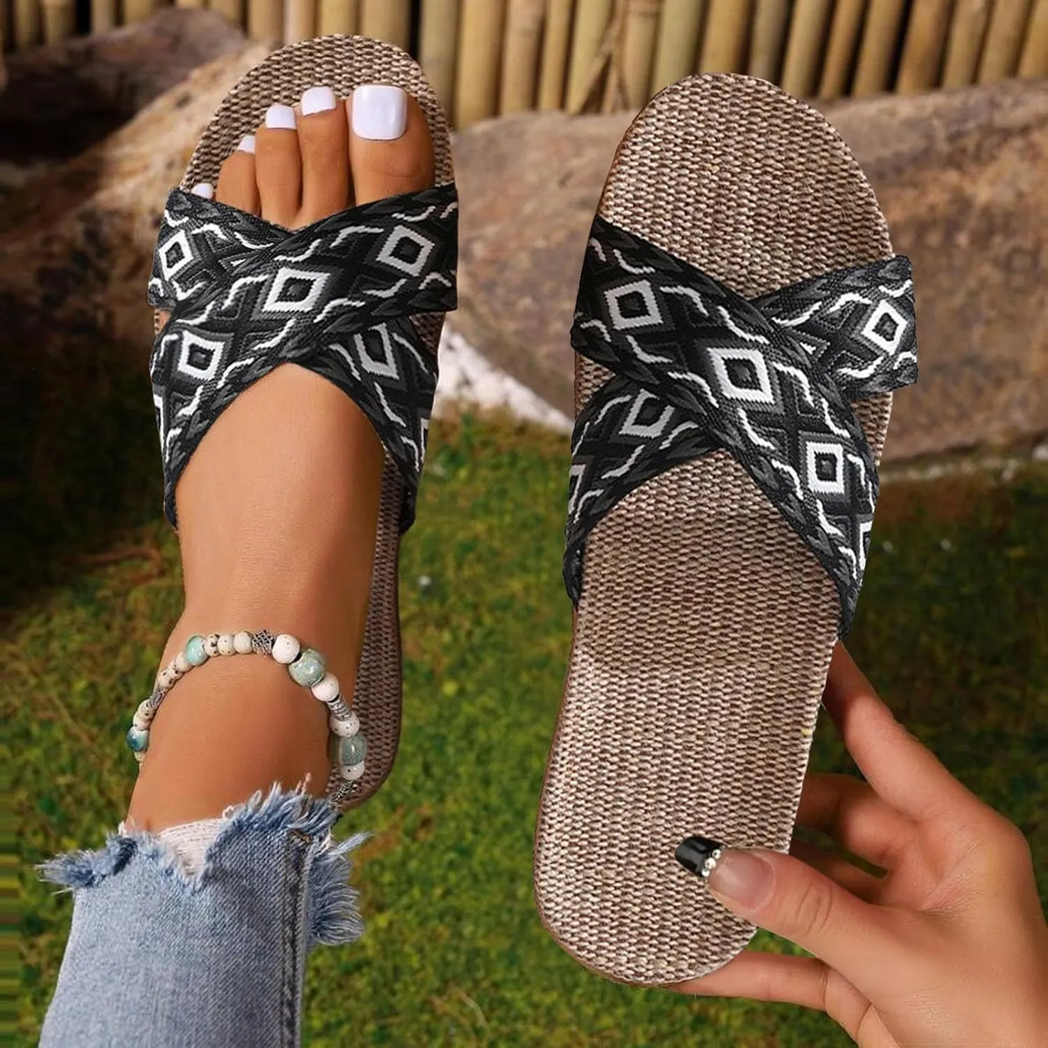Unisex Linen Slippers Summer Skidproof Indoor Slippers Flax Men Women Boho House Slipper Open-Toe Breathable Beach Shoes