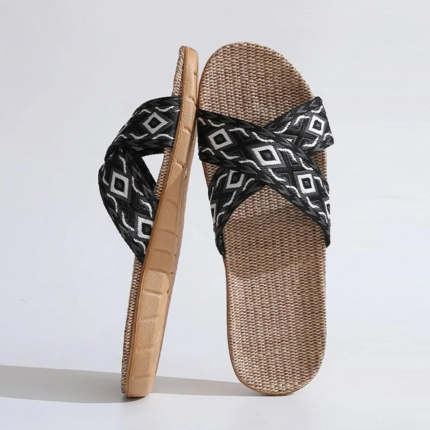 Unisex Linen Slippers Summer Skidproof Indoor Slippers Flax Men Women Boho House Slipper Open-Toe Breathable Beach Shoes