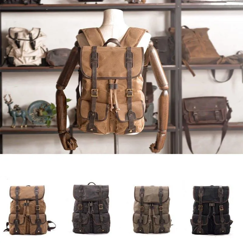 Vintage Waxed Canvas Backpack with Front Pockets