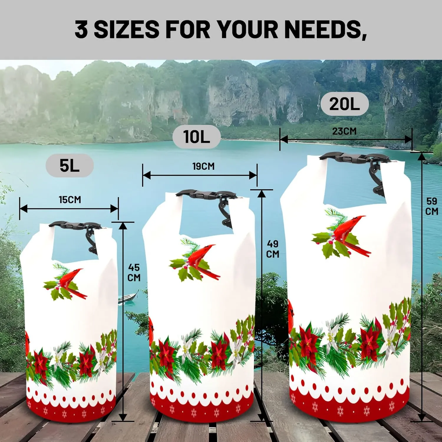Waterproof Dry Bag,Roll Top Christmas Poinsettia Flower Pine Cones Small Waterproof Backpack 5L/10L/20L Floating and Lightweight Bags for Kayaking, Boating, Fishing, Swimming and Camping